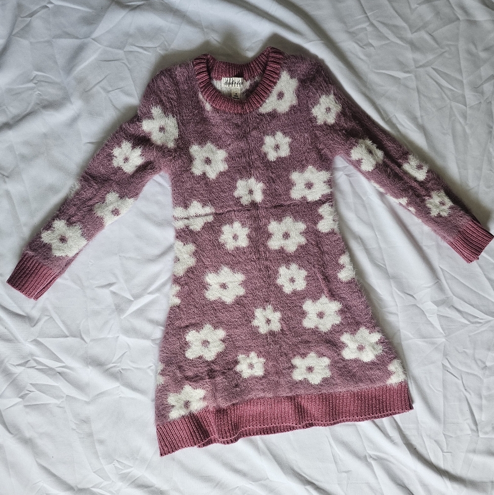 Derek Heart Girls Dusty Rose Floral Knit Scoop Neck Sweater Dress- 6X